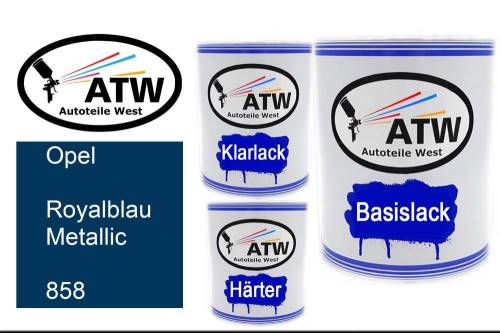 Opel, Royalblau Metallic, 858: 1L Lackdose + 1L Klarlack + 500ml Härter - Set, von ATW Autoteile West.
